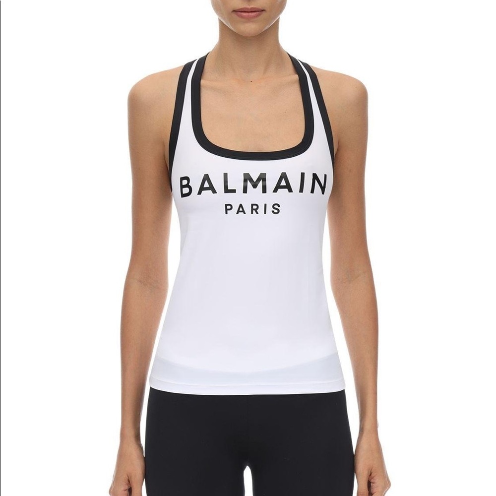 Authentic Balmain Synthetic Logo Print Lycra Tank Top in White, Size 38